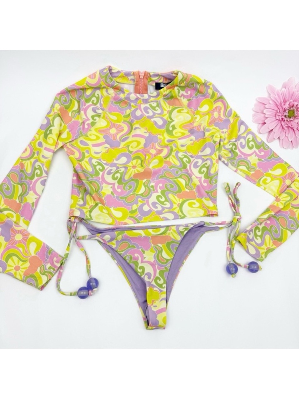 NEW Beach Riot X Free People Rashguard Bikini Swim Set Lindsay Soleil 70s Swirl